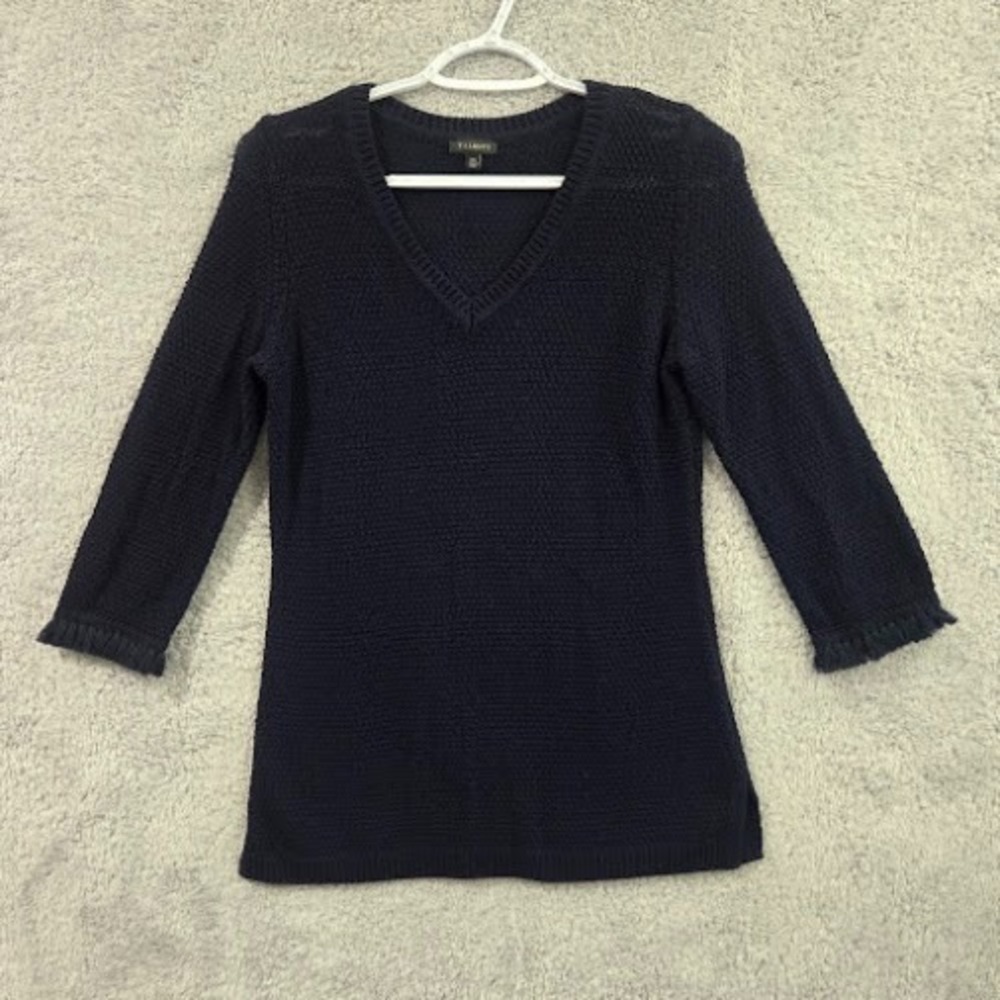 Talbots Women's‎ XS Sweater V-Neck 3/4 Sleeve Navy Blue Thick Knit Fringe